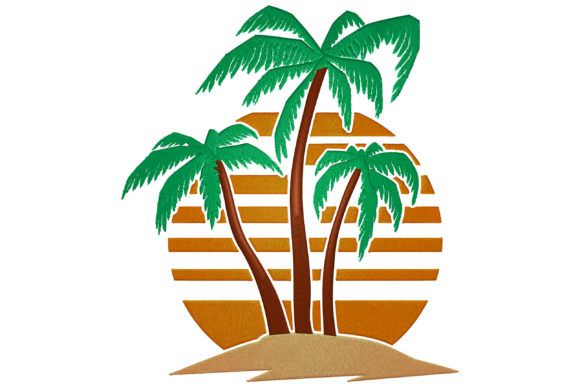 Sunset with Palm Tree Island: A Vibrant Embroidery Design for Craft Fairs